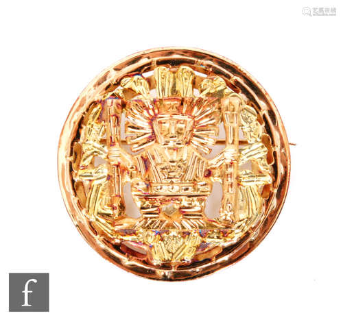 A mid 20th Century 18ct Peruvian two coloured circular brooch with a central Inca figure, diameter