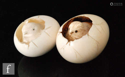 Two early 20th Century Japanese carved ivory chick carvings, each carved as a small broken shell