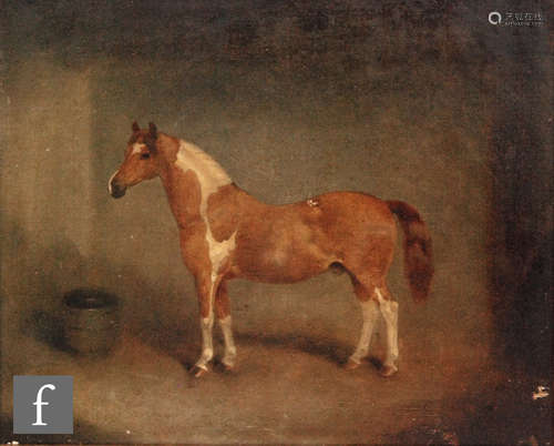 ENGLISH SCHOOL (LATE 19TH CENTURY) - A pied horse in a stable, oil on canvas, signed indistinctly,