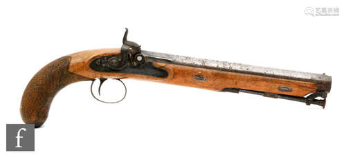 A 19th Century flintlock pistol with walnut stock teminating in chequered grip, lock plate named