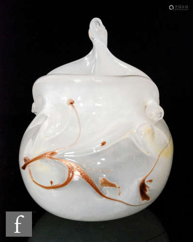 A contemporary studio glass vase by Rob Le Blois, of irregular globular form with pulled up rim,