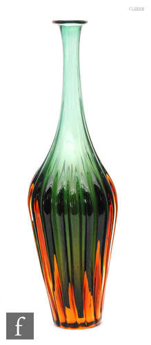 A later 20th Century sommerso glass vase of ribbed bottle form, the green core cased in flame