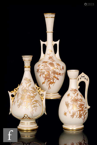 A group of three Royal Worcester ivory items, all with gilt floral decoration, including a shape