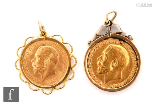 A George V full sovereign dates 1911 and a half sovereign dated 1914, each loose set to a 9ct mount,