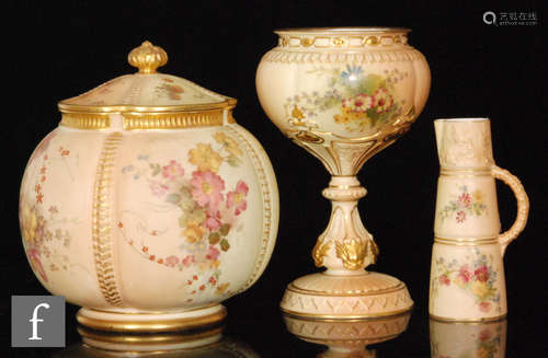 A collection of Royal Worcester blush ivory, all pieces decorated with floral sprays, comprising a