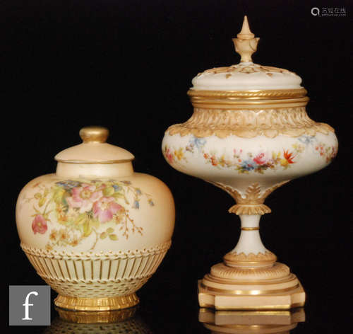 A Royal Worcester blush ivory shape 1286 pot pourri decorated with floral sprays outlined in gilt