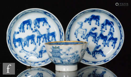 A pair of Chinese 'One Hundred Horse' design dishes, each of circular shallow form, depicting