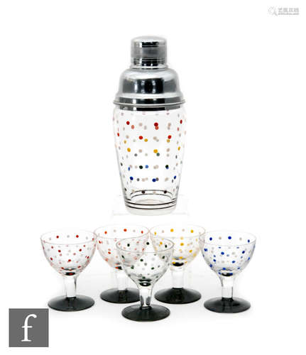 A 1930s Stuart and Sons cocktail set comprising a cocktail shaker of barrel form with chrome