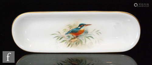 A 1920s Royal Worcester pen tray or trinket dish decorated by Powell with a hand painted kingfisher,