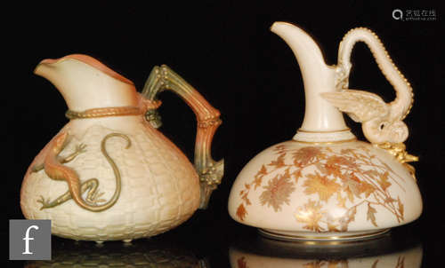 A Royal Worcester blush ivory shape 1714 jug with a basket weave body with wrythen lizard, green