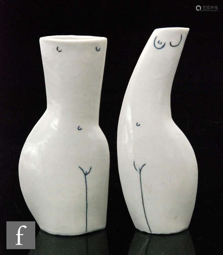 A pair of 20th Century miniature vases in porcelain by Jude Jelfs, modelled as two female abstract