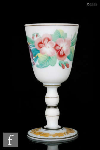 A 19th Century Richardsons opaline frosted glass goblet, the round funnel bowl with floral vitrified