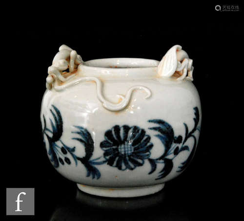 A Chinese blue and white porcelain brushwasher, of rounded globe form, applied to the upper shoulder