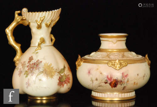 A Royal Worcester blush ivory shape 1507 jug with the handle formed as coral, decorated with wild