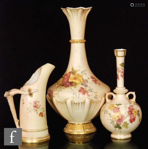 A collection of Royal Worcester blush ivory, all decorated with floral sprays, comprising a shape