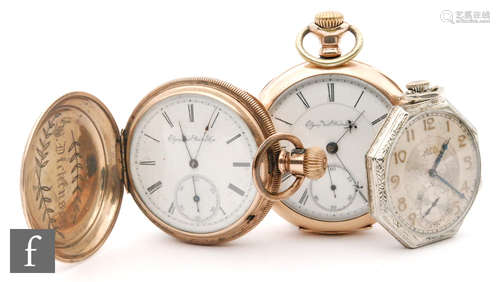 Three Elgin crown wind pocket watches to include a gold plated full hunter and a hexagonal shaped