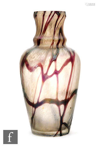 An early 20th Century Kralik glass vase of high shouldered form below a waisted neck, decorated with