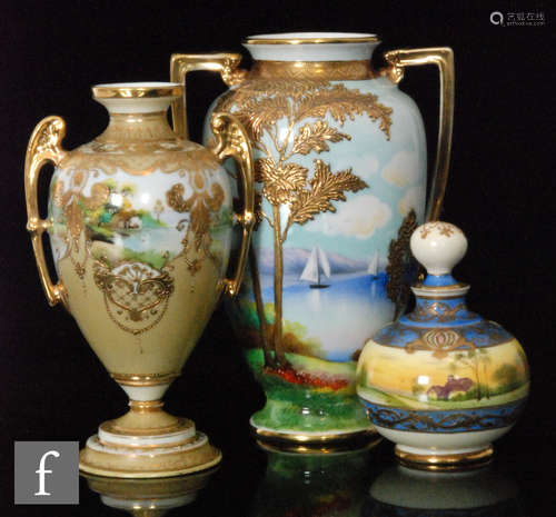 A Noritake twin handled baluster vase decorated with a coastal scene with relief gilded