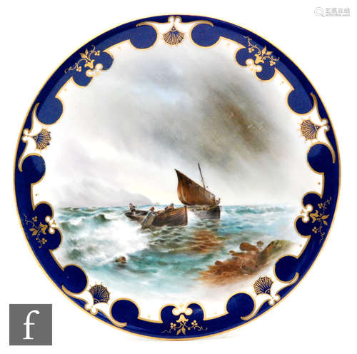 A Royal Worcester plate, painted with fishing boats coming into shore on a choppy sea inside a