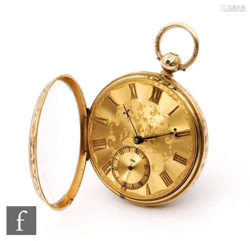 An 18ct hallmarked open faced key wind pocket watch, gilt Roman numerals to gilt part foliate