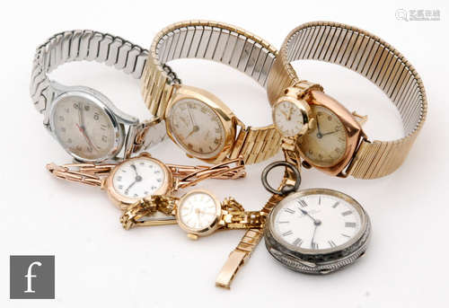 Three 9ct lady's wrist watches to include a rose gold example, with silver pocket watch, two 9ct