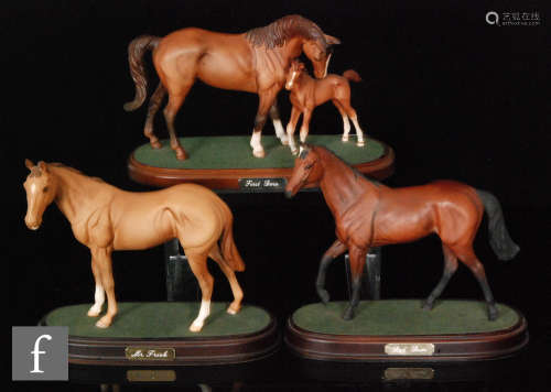 A collection of three Royal Doulton horse figures, Mr Frisk, Red Rum and First Born, all mounted
