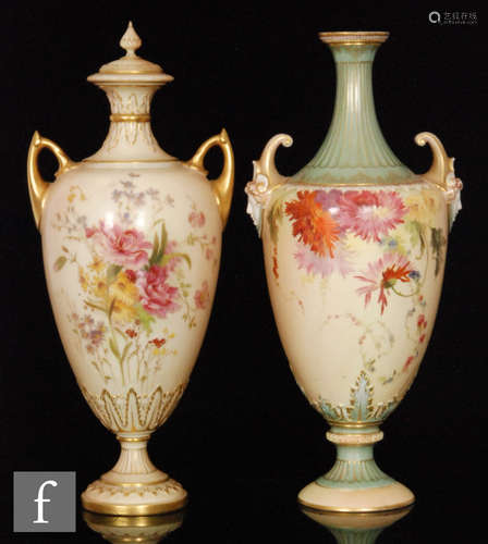 A Royal Worcester blush ivory shape 1911 pedestal vase with tapered neck and twin handles formed