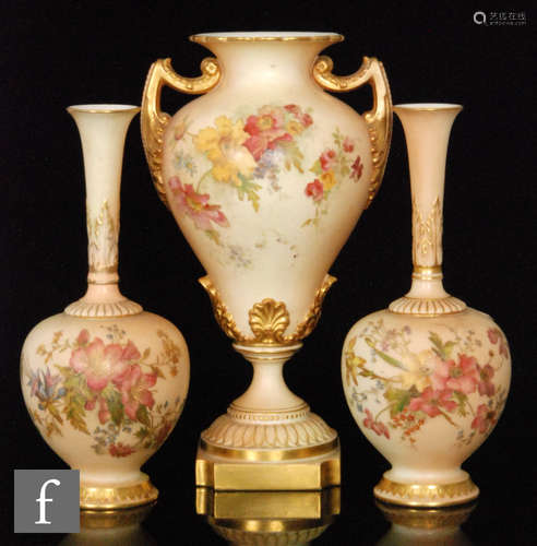 A collection of Royal Worcester blush ivory, all decorated with floral sprays, comprising a shape