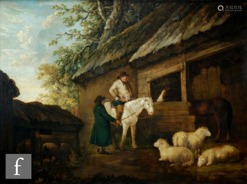 ATTRIBUTED TO GEORGE MORLAND (1763-1804) - Rustic figures with horses, sheep and pigs before a