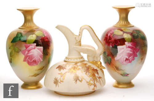 A pair of Royal Worcester shape 302 vases, of footed ovoid form with flared neck and decorated