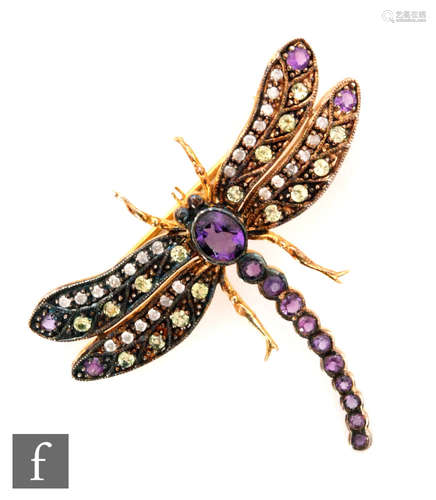 A modern silver gilt amethyst, peridot and diamond set brooch modelled as a dragonfly, length 3.5cm,