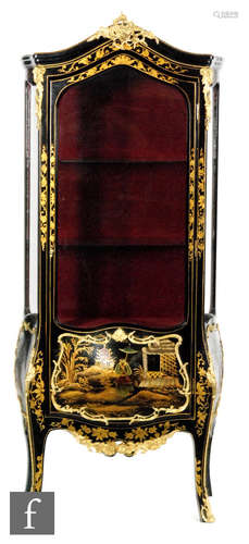 A 20th Century ebonised side display cabinet with gilt metal mounts, decorated with hand painted