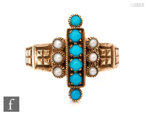 A 9ct hallmarked turquoise and seed pearl ring, central vertical row of six turquoise flanked by