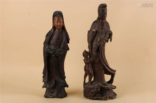 TWO CHINESE WOOD GUANYIN, QING DYNASTY