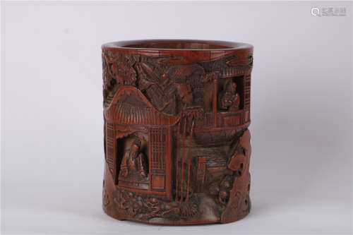 A CHINESE CARVED BAMBOO BRUSH POT, EARLY QING DYNASTY