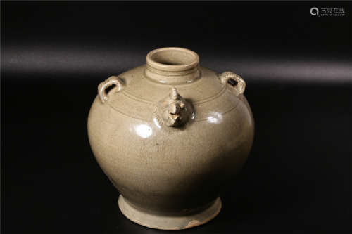 A CHINESE YUE WARE WITH CHICKEN HEAD SHAPED ON NECK POT, HAN DYNASTY