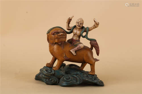 A CHINESE SOAPSTONE FIGURES OF LUOHAN AND TIGER, QING DYNASTY