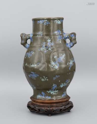 A RARE CHINESE TEADUST GLAZED VASE, ZUN WITH ORIGIN WOOD BASE AND BOX, QIANLONG MARK, QING DYNASTY