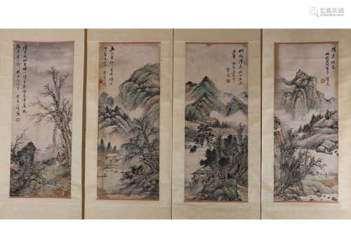 FOUR CHINESE PANELS MOUNTED ‘LANDSCAPE’ SCROLL, ATTRIBUTED TO ‘WANG SHENG YUAN’,REPUBLIC PERIOD