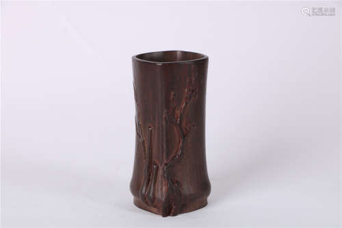 A CHINESE ZITAN CARVED BRUSH POT, MIDDLE, QING DYNASTY