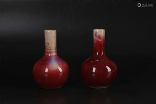 A PAIR OF CHINESE RED GLAZED VASES WITH YONGZHENG FOUR-CHARACTERS MARK, QING DYNASTY