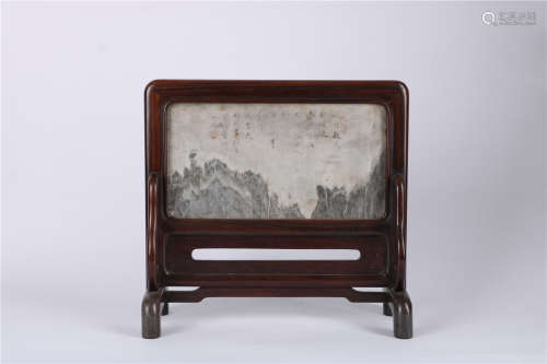 A CHINESE MARBLE TABLE SCREEN WITH WOOD STAND, QING DYNASTY