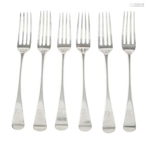 ABERDEEN - A SCARCE SET OF SIX SCOTTISH PROVINCIAL TABLE FORKS DAVID IZAT marked DI, ABD, of Old