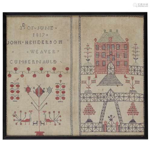 A SCOTTISH EMBROIDERED SAMPLER DATED 1817 with polychrome house and garden with peacocks and