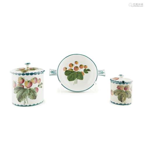 A GROUP OF WEMYSS WARE 'STRAWBERRIES' PATTERN, LATE 19TH/ EARLY 20TH CENTURY comprising a BISCUIT