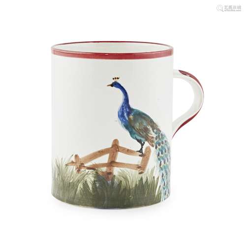 A LARGE WEMYSS WARE MUG 'PEACOCK' PATTERN, CIRCA 1900 impressed mark WEMYSS 14cm high