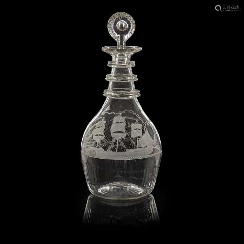 A SCOTTISH REGENCY ENGRAVED GLASS DECANTER CIRCA 1790 of large mallet shape, with triple-ringed neck