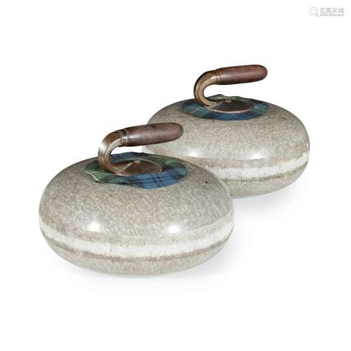 A PAIR OF VICTORIAN AILSA CRAIG GRANITE CURLING STONES CIRCA 1900 each with brass-mounted hardwood