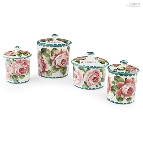 A GROUP OF WEMYSS WARE 'CABBAGE ROSES', PATTERN EARLY 20TH CENTURY comprising TWO BISCUIT BARRELS