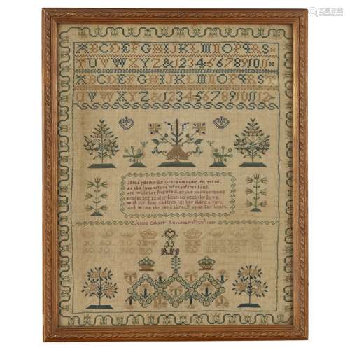 A SCOTTISH EMBROIDERED SAMPLER DATED 1839 with polychrome peacocks, flowering plants, alphabet